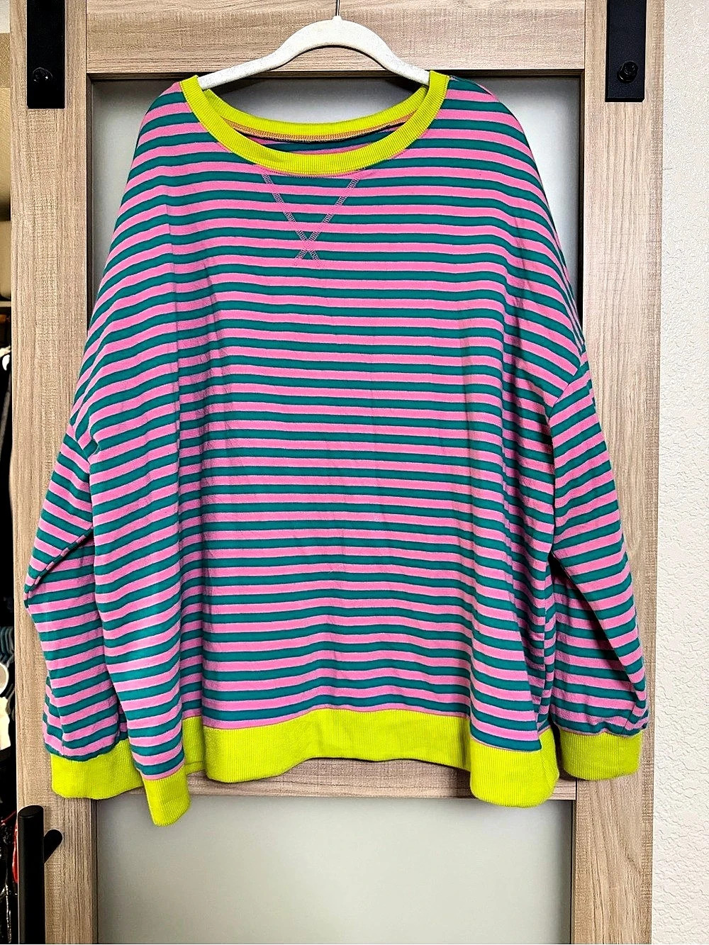 Boutique Oversized Striped Sweatshirt 4X Pink Green Lime Trim FP Style Dupe